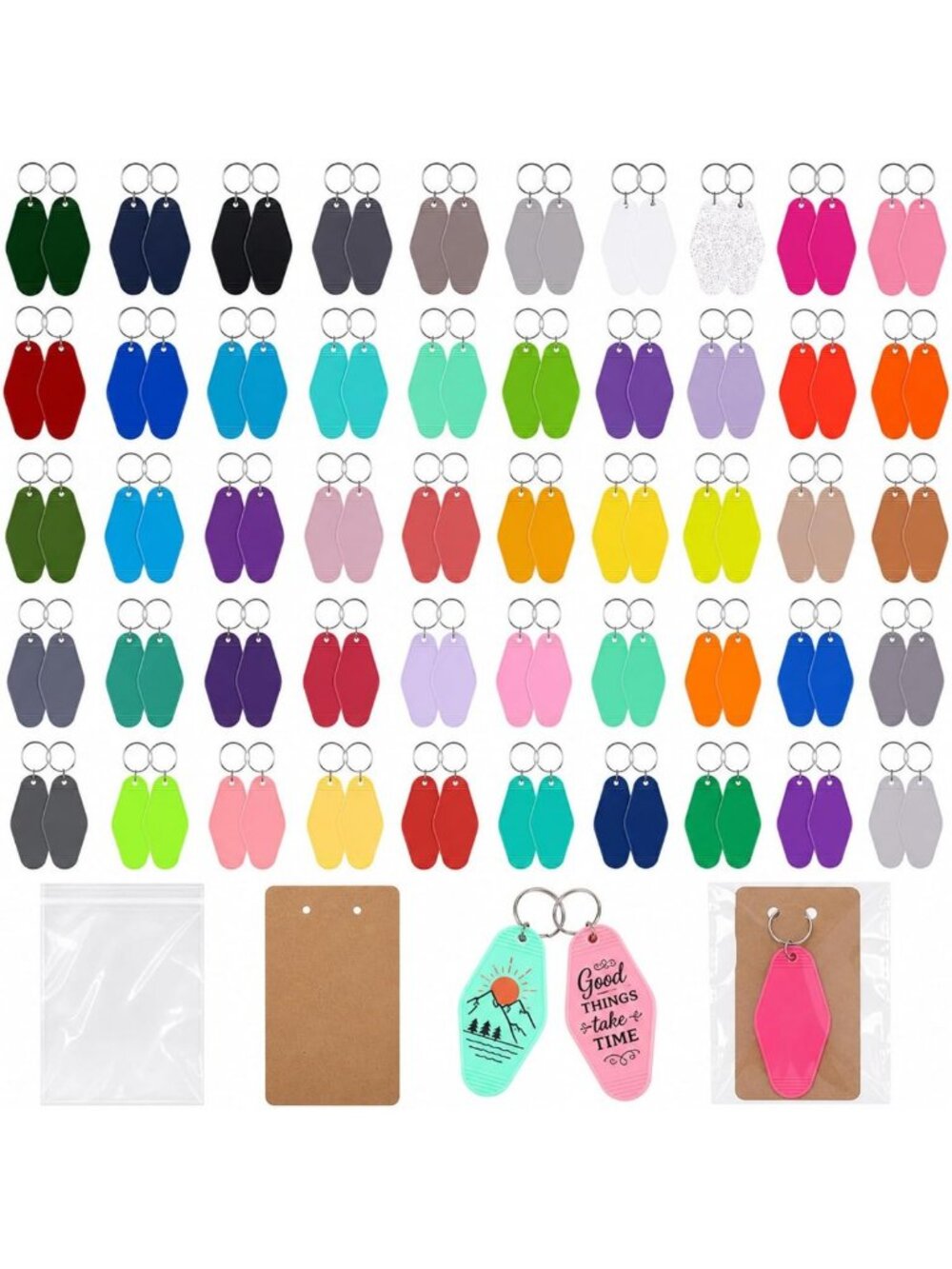 100 Set Blank Hotel Keychains, Motel Key Tags with Display Cards & Bags